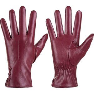 Women’s Leather Gloves Genuine SheepSkin Leather Cold Weather Cashmere Deep Red